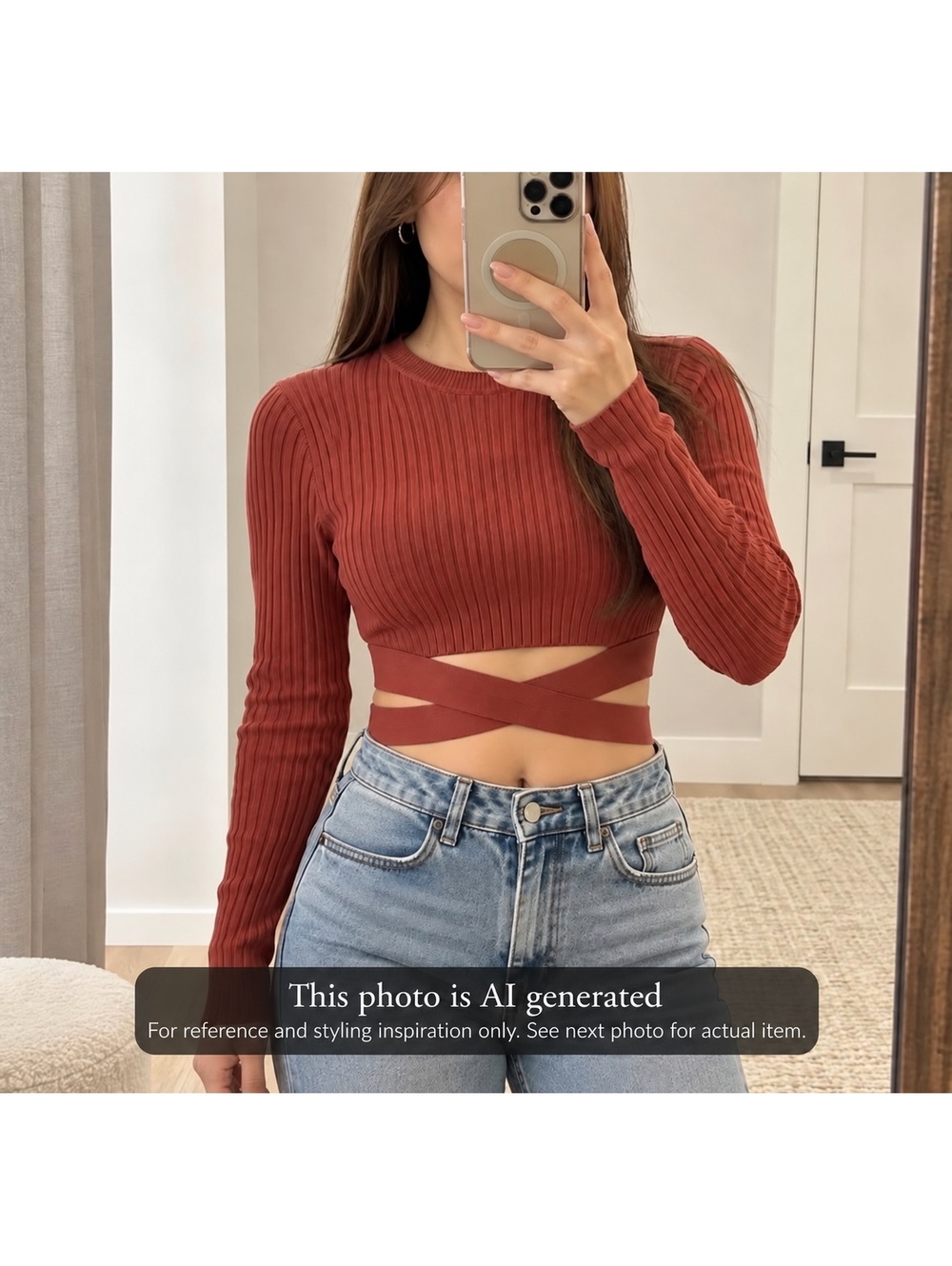 Revamped Rust Ribbed Long Sleeve Crop Top with Wrap Detail